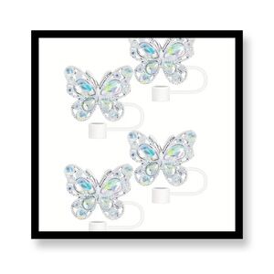 (New in package) 4 Pack Silver Butterfly Straw Topper Set